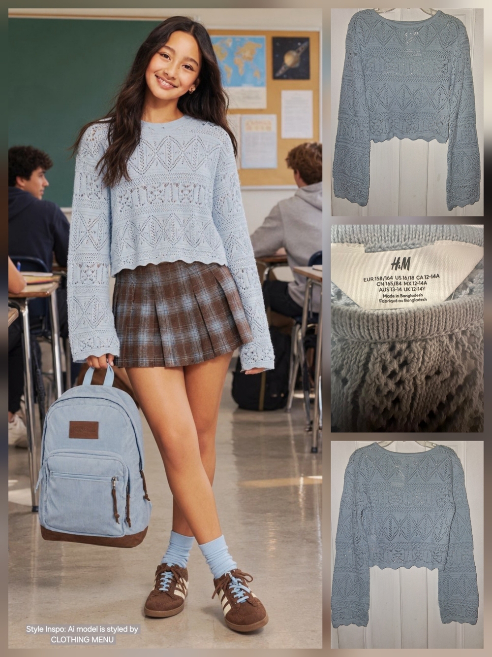 H&M Blue Crochet Open Knit Sweater Long Sleeve | Girls Size: 16/18 (Girl)